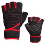 Red and black weight lifting gloves with hex grip padding and breathable mesh for gym and fitness training
