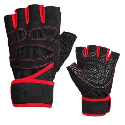 Red and black weight lifting gloves with hex grip padding and breathable mesh for gym and fitness training