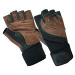 Brown and black fingerless weight lifting gloves with padded palm and green pull loops for gym and fitness training