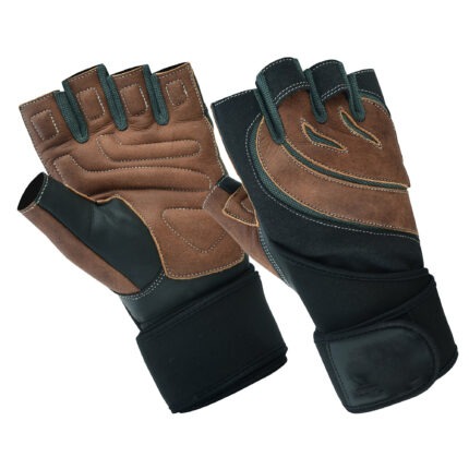 Brown and black fingerless weight lifting gloves with padded palm and green pull loops for gym and fitness training